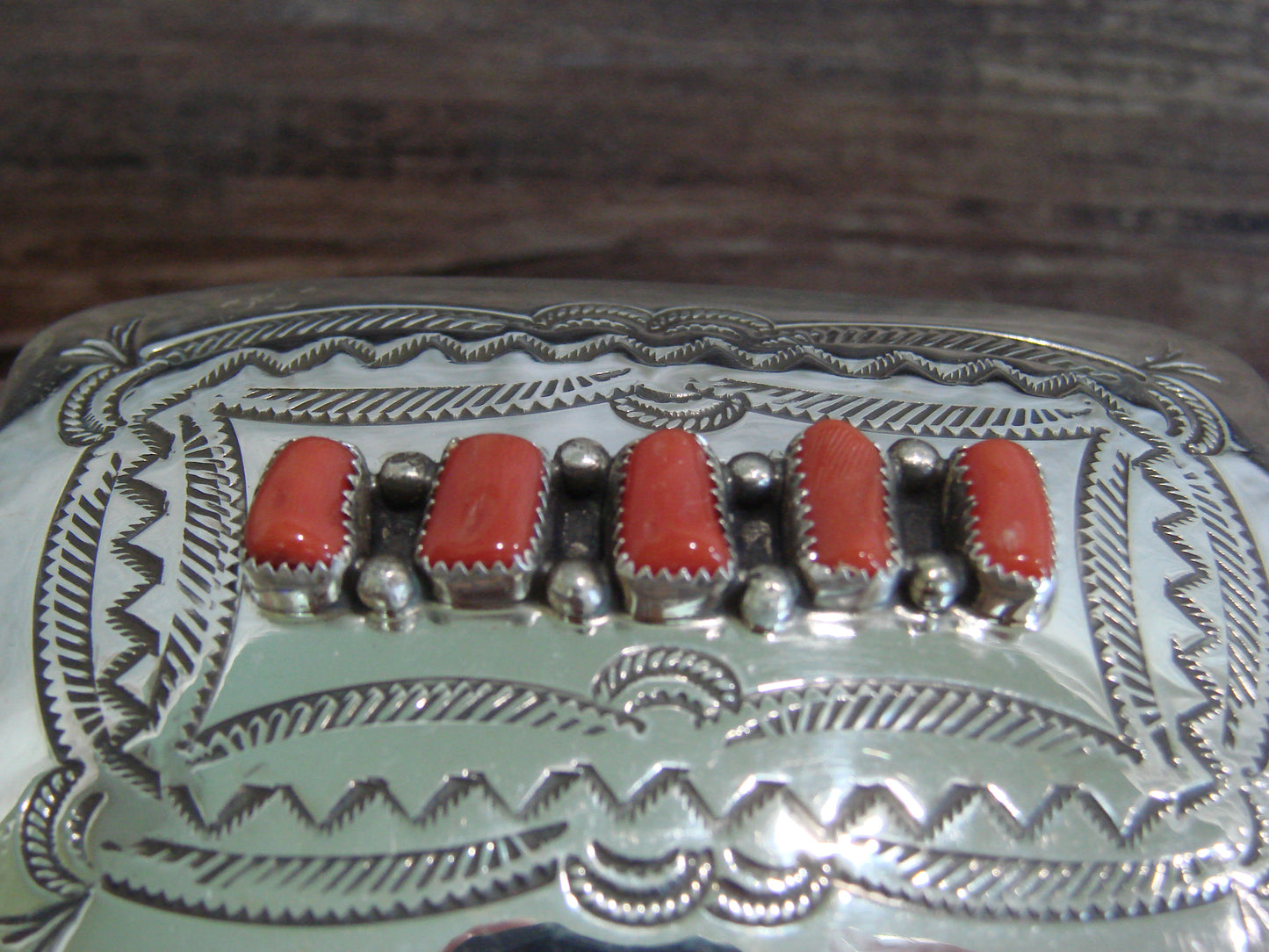 Native American Sterling Silver & Coral Belt Buckle by Begay
