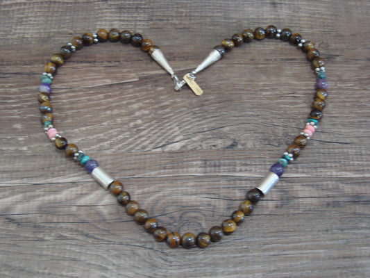 Native American Sterling Silver & Tiger Eye 18" Gemstone Necklace by Singer