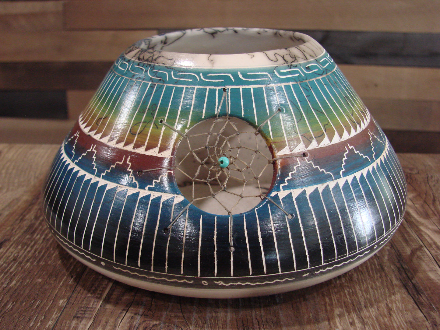 Native American Navajo Hand Etched Dream Catcher Horse Hair Pottery - Billy