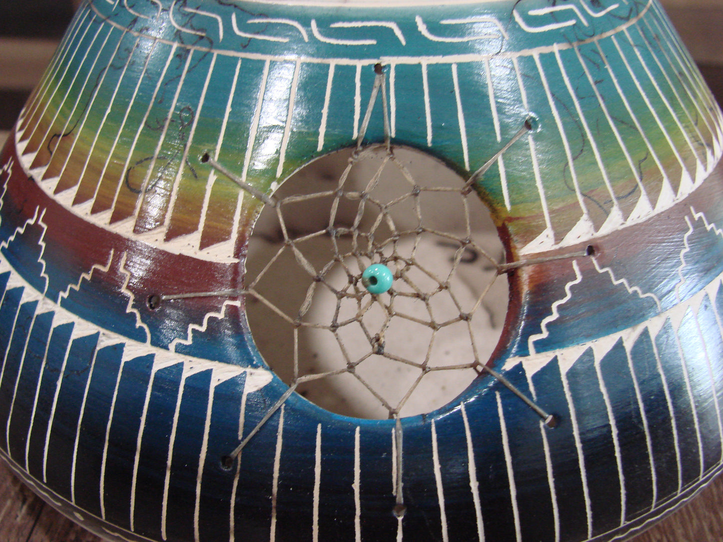 Native American Navajo Hand Etched Dream Catcher Horse Hair Pottery - Billy