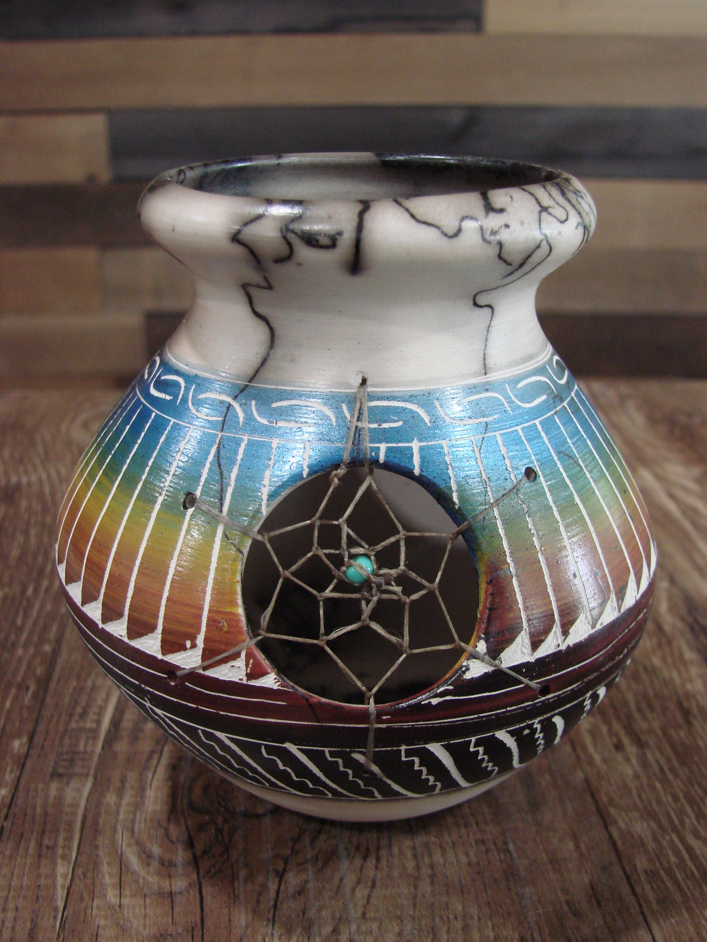 Native American Navajo Hand Etched Dream Catcher Horse Hair Pottery - Billy