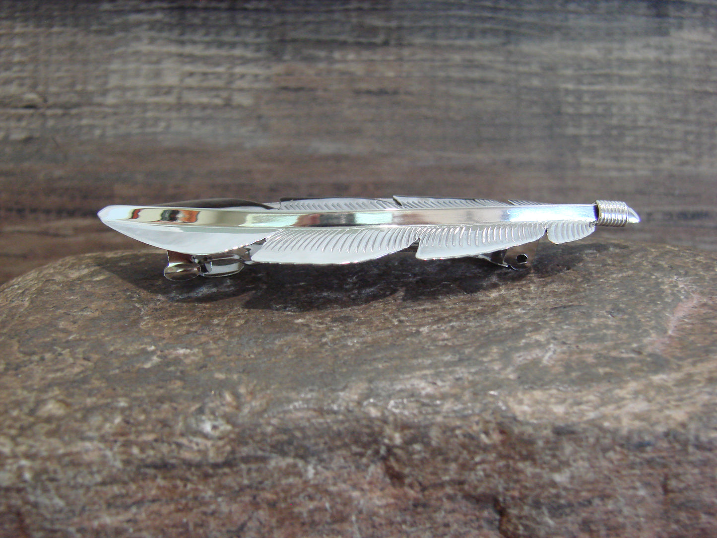 Native American Sterling Silver Feather Hair Barrette Signed Long