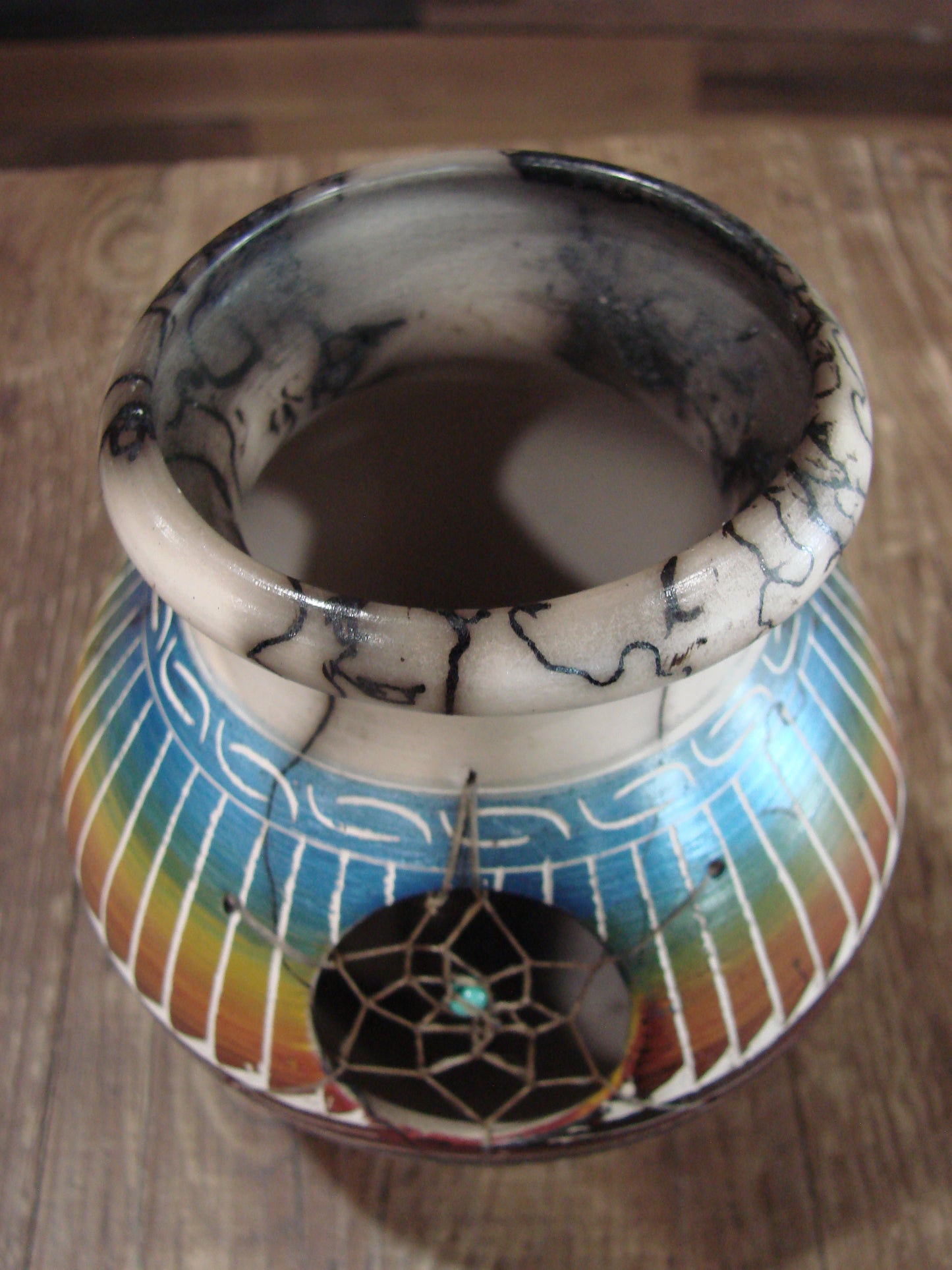 Native American Navajo Hand Etched Dream Catcher Horse Hair Pottery - Billy