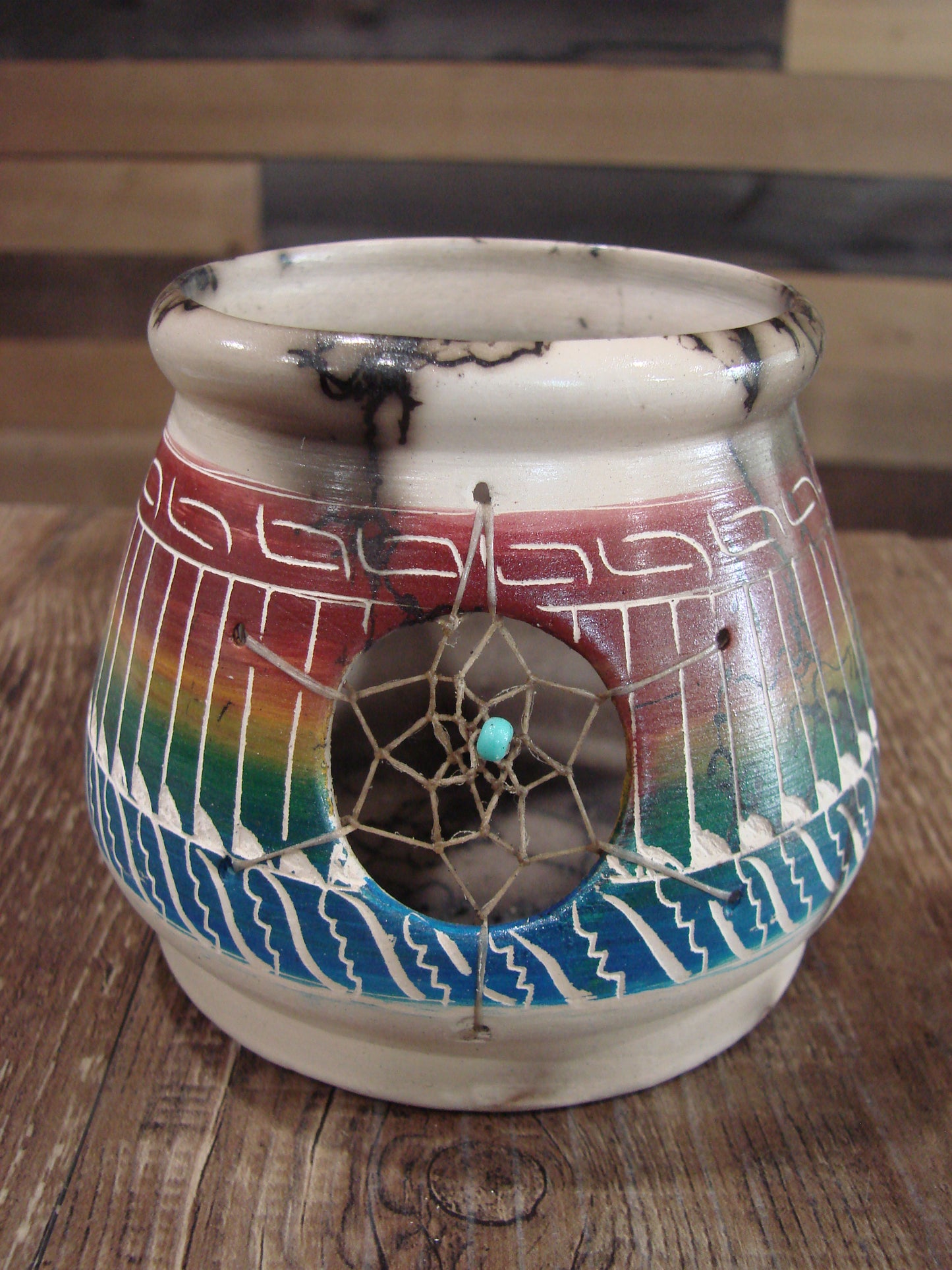 Native American Navajo Hand Etched Dream Catcher Horse Hair Pottery - Billy