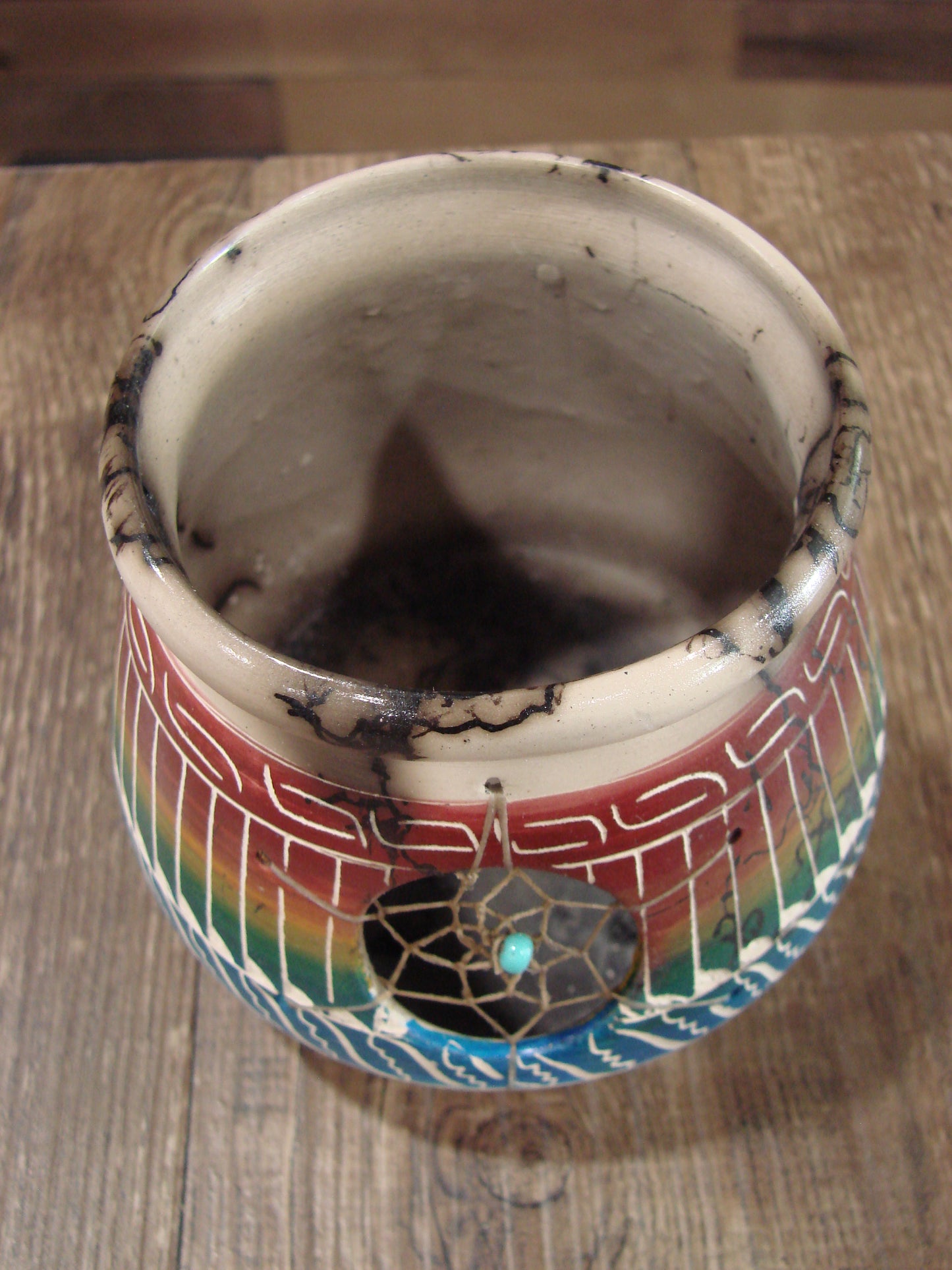 Native American Navajo Hand Etched Dream Catcher Horse Hair Pottery - Billy