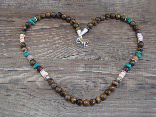 Native American Sterling Silver & Tiger Eye 18" Gemstone Necklace by Singer