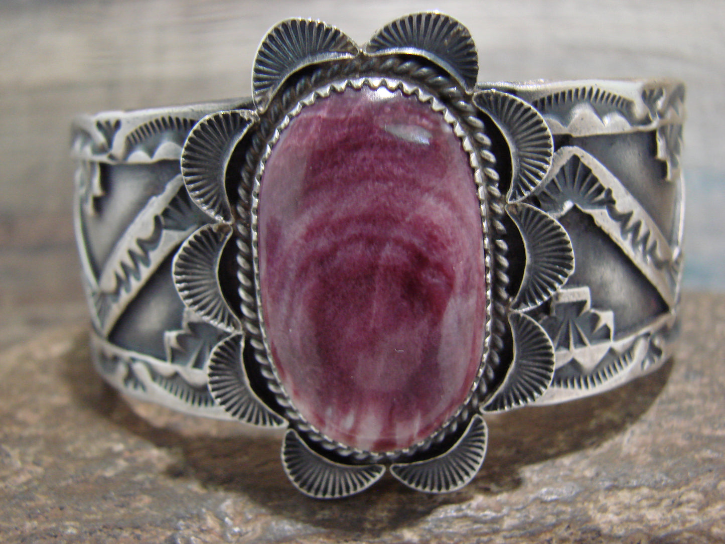 Navajo Indian Sterling Silver & Purple Spiny Oyster Bracelet Signed Billah