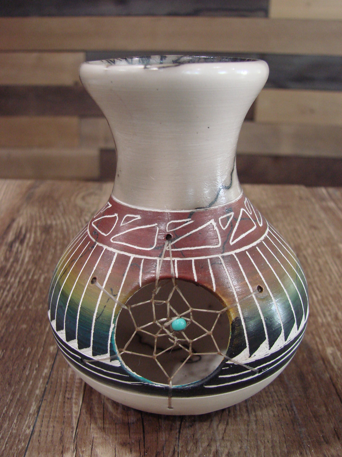 Native American Navajo Hand Etched Dream Catcher Horse Hair Pottery - Billy