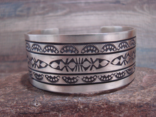Navajo Indian Hand Stamped Sterling Silver Cuff Bracelet Signed RE