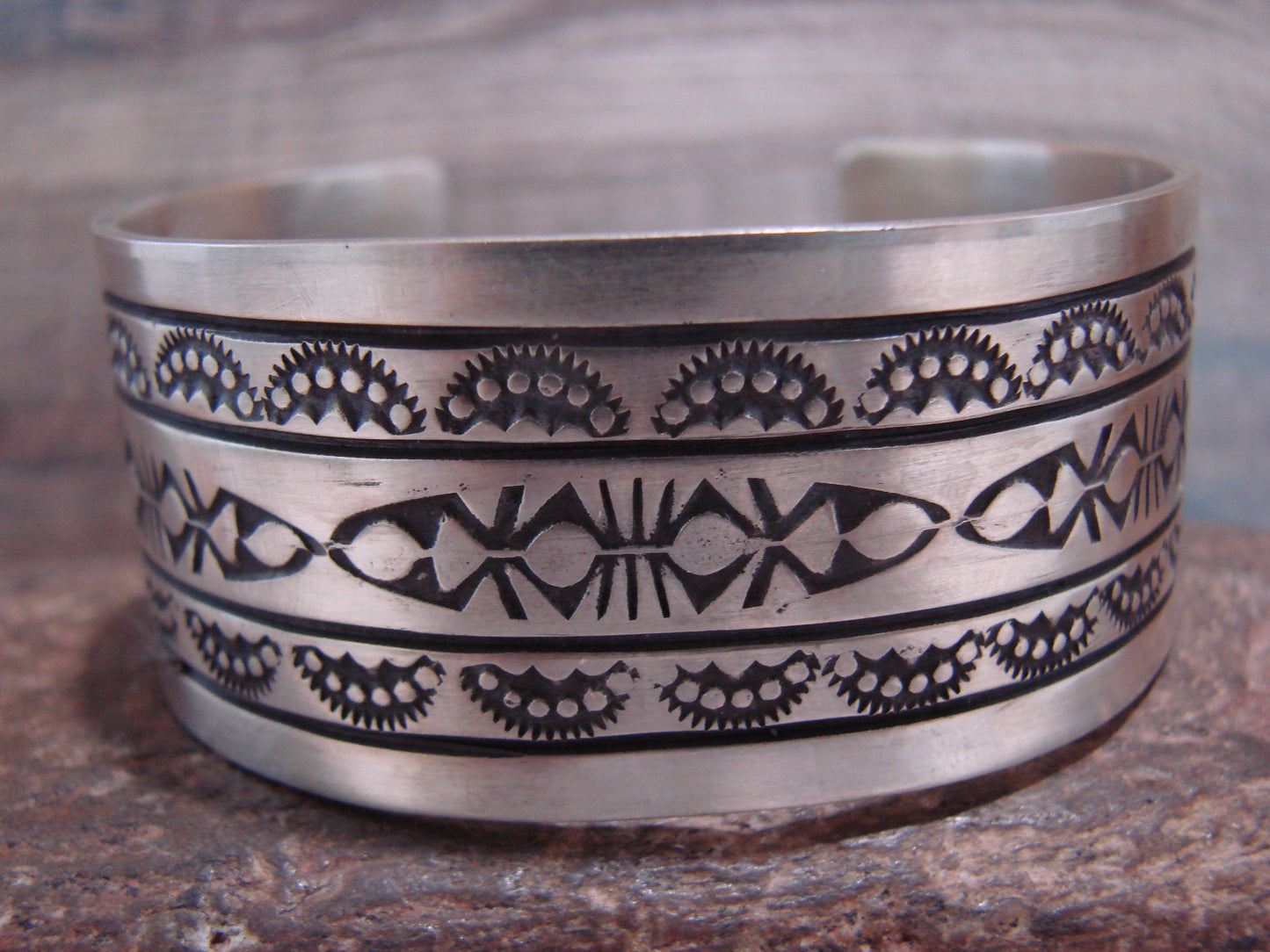 Navajo Indian Hand Stamped Sterling Silver Cuff Bracelet Signed RE