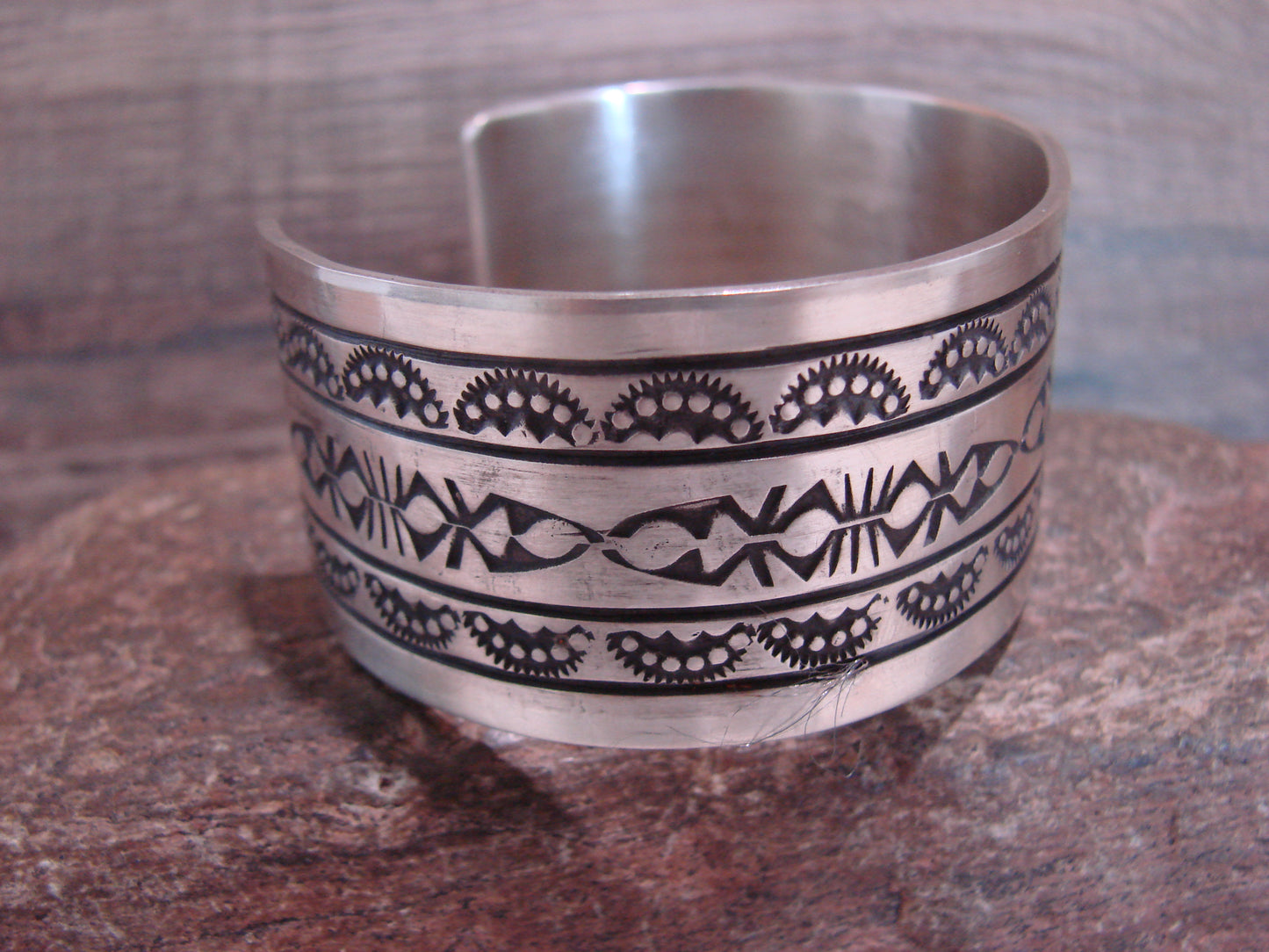 Navajo Indian Hand Stamped Sterling Silver Cuff Bracelet Signed RE