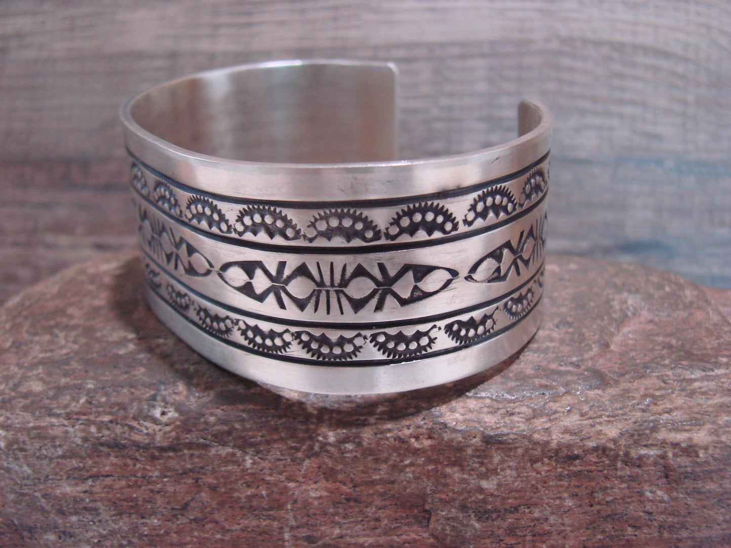 Navajo Indian Hand Stamped Sterling Silver Cuff Bracelet Signed RE