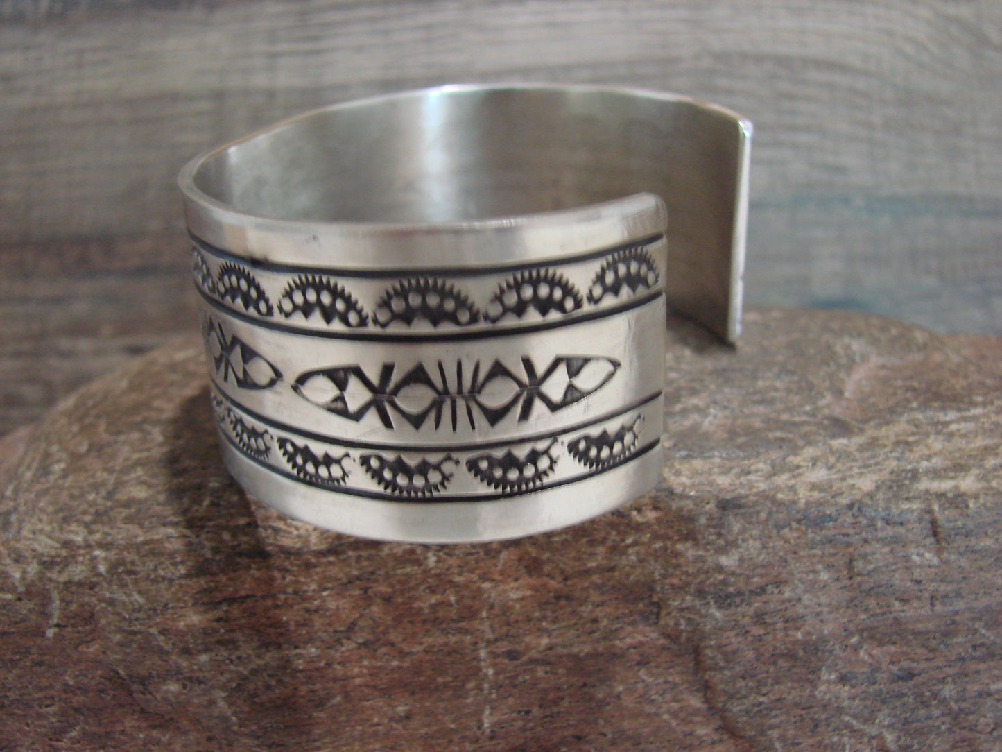 Navajo Indian Hand Stamped Sterling Silver Cuff Bracelet Signed RE
