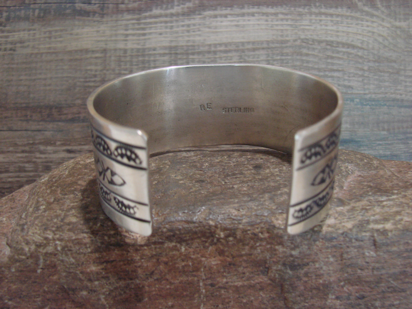Navajo Indian Hand Stamped Sterling Silver Cuff Bracelet Signed RE