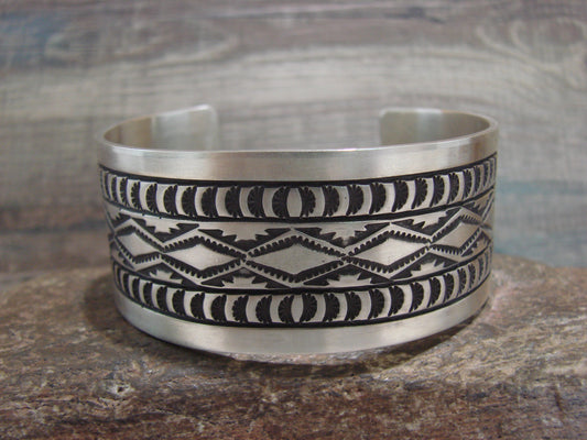 Navajo Indian Hand Stamped Sterling Silver Cuff Bracelet Signed RE