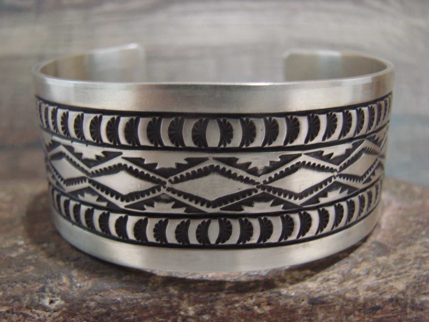 Navajo Indian Hand Stamped Sterling Silver Cuff Bracelet Signed RE