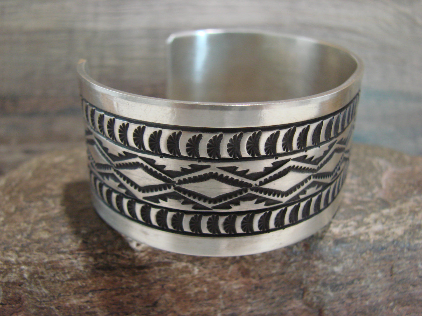 Navajo Indian Hand Stamped Sterling Silver Cuff Bracelet Signed RE