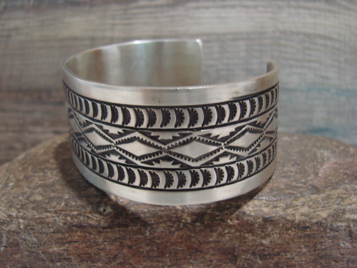 Navajo Indian Hand Stamped Sterling Silver Cuff Bracelet Signed RE