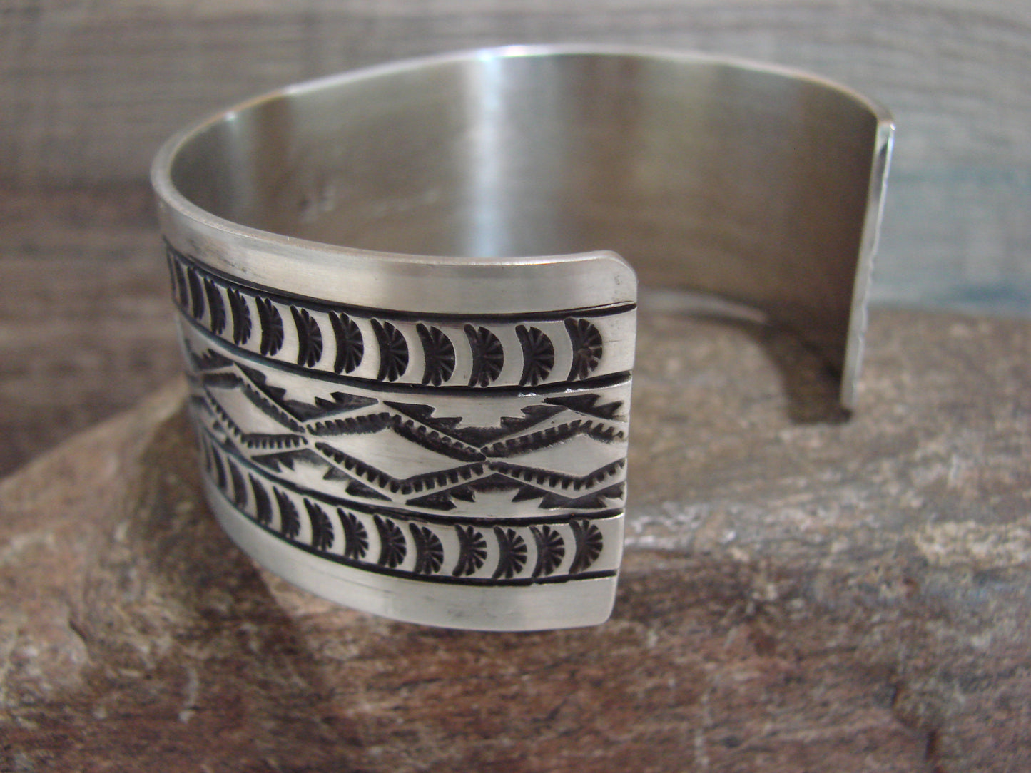 Navajo Indian Hand Stamped Sterling Silver Cuff Bracelet Signed RE
