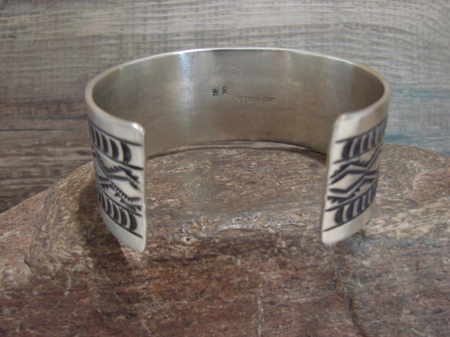 Navajo Indian Hand Stamped Sterling Silver Cuff Bracelet Signed RE