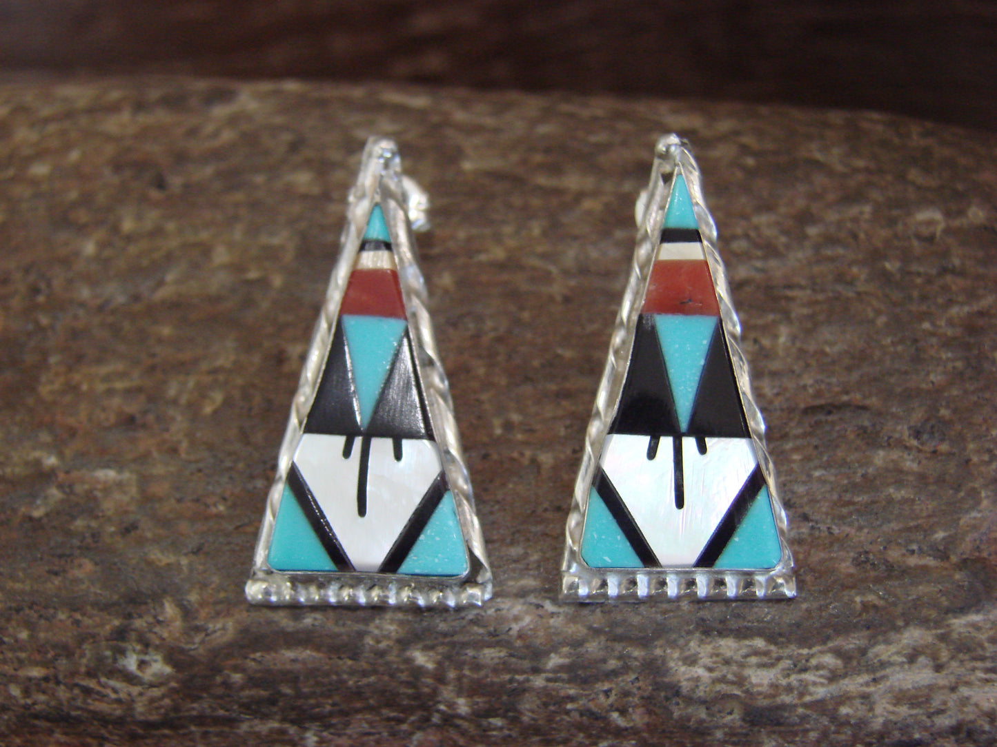 Zuni Indian Sterling Silver Turquoise Inlay Stud Post Earrings by Niiha