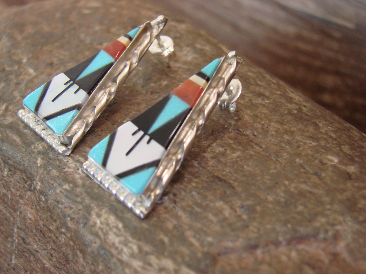 Zuni Indian Sterling Silver Turquoise Inlay Stud Post Earrings by Niiha