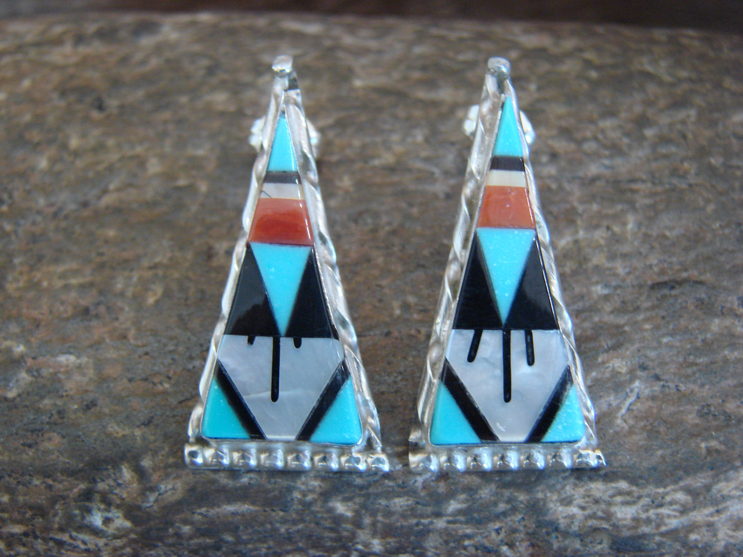 Zuni Indian Sterling Silver Turquoise Inlay Stud Post Earrings by Niiha