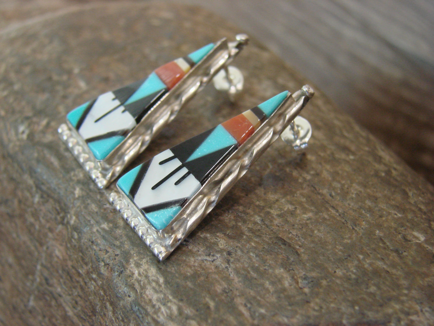Zuni Indian Sterling Silver Turquoise Inlay Stud Post Earrings by Niiha