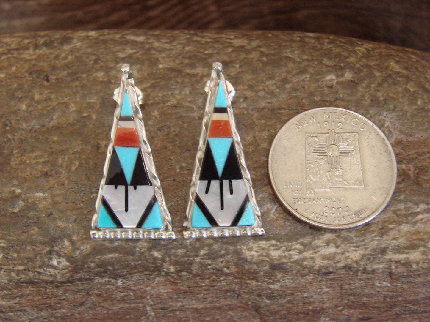 Zuni Indian Sterling Silver Turquoise Inlay Stud Post Earrings by Niiha