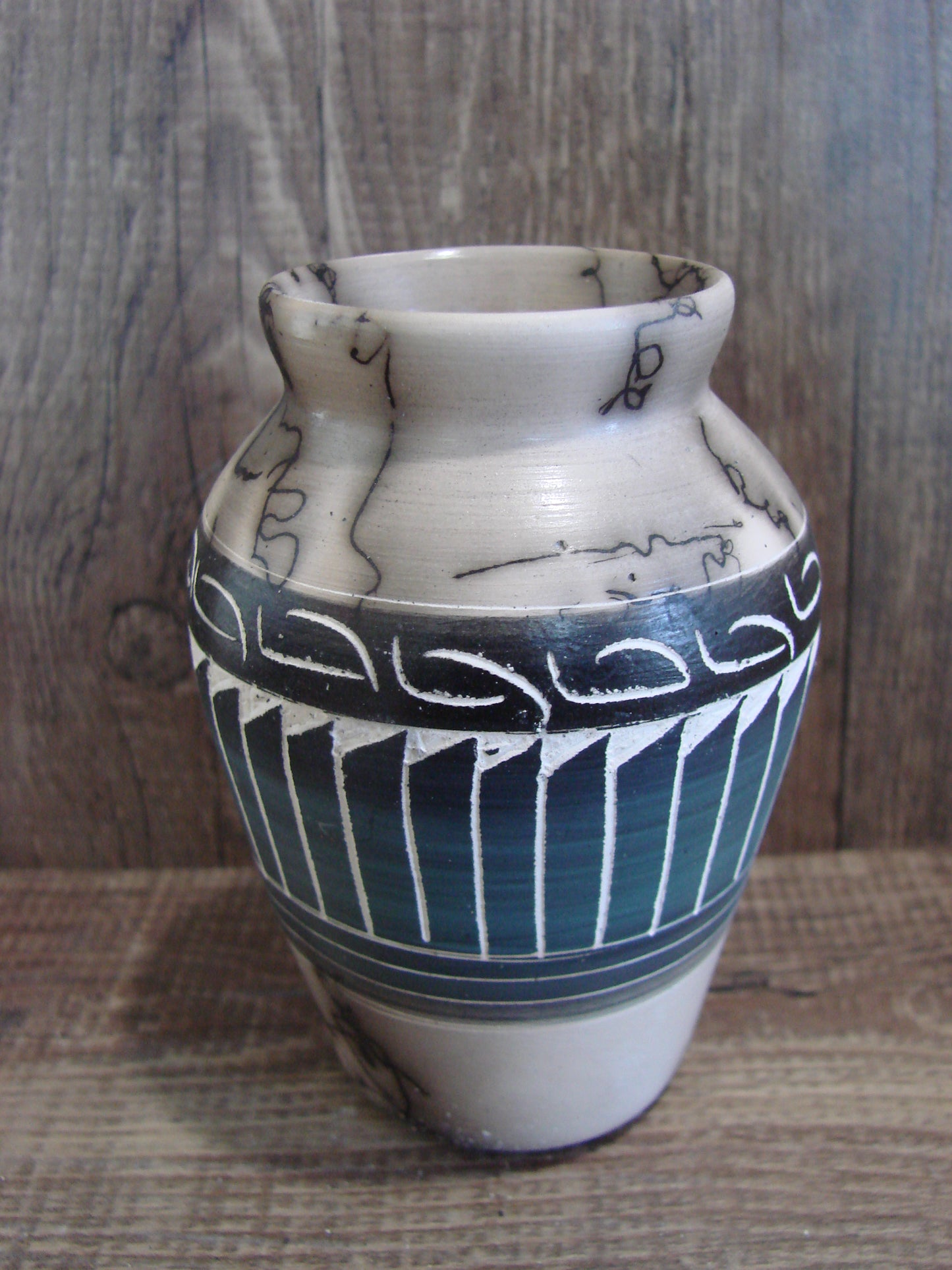 Small Native American Hand Etched Horse Hair Pottery - Benally