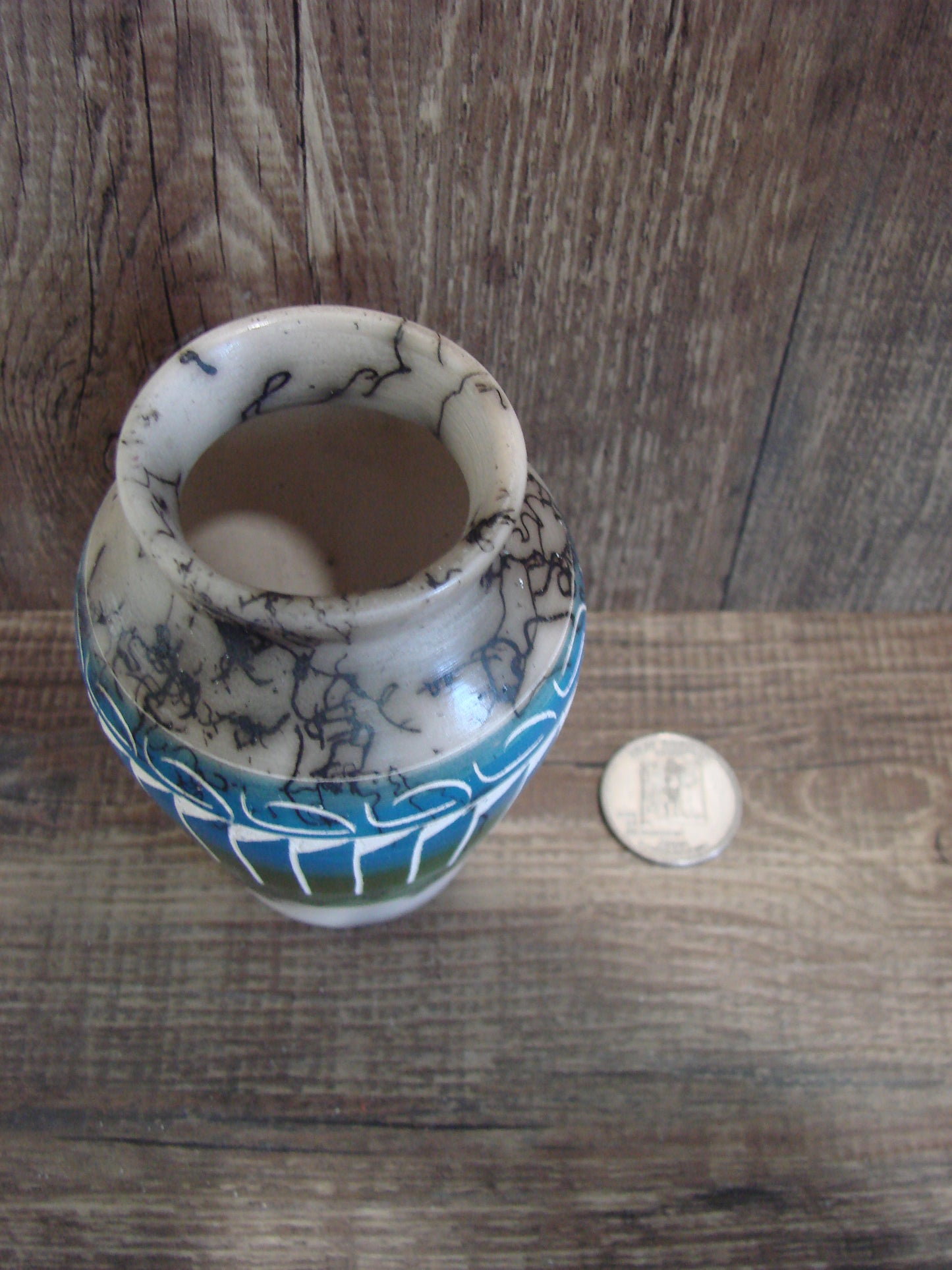 Small Native American Hand Etched Horse Hair Pottery - Benally