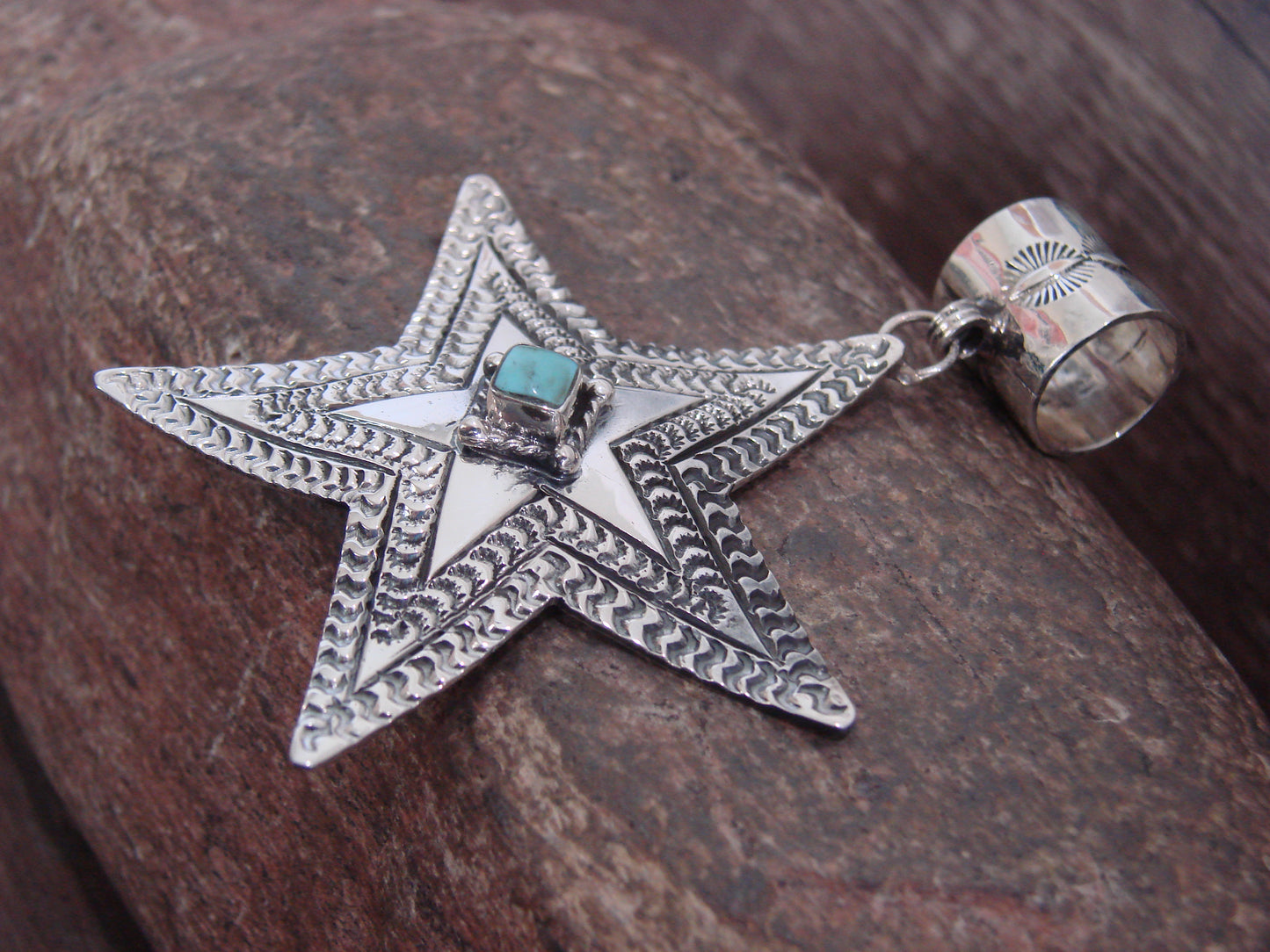 Native American Sterling Silver & Turquoise Star Pendant Signed Delgarito