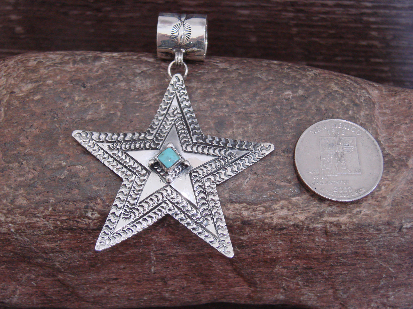 Native American Sterling Silver & Turquoise Star Pendant Signed Delgarito