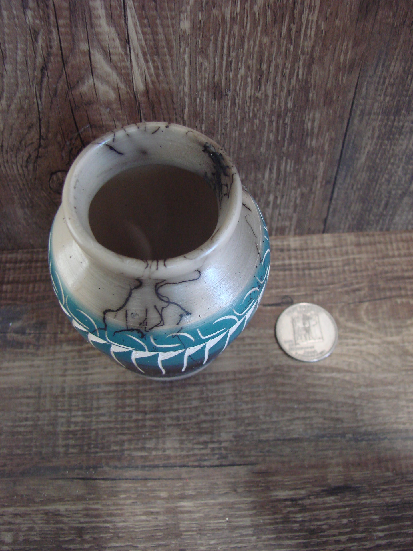 Small Native American Hand Etched Horse Hair Pottery - Benally