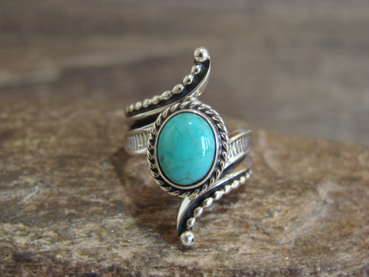 Native American Sterling Silver & Turquoise Ring Signed Yazzie - Size 5.5