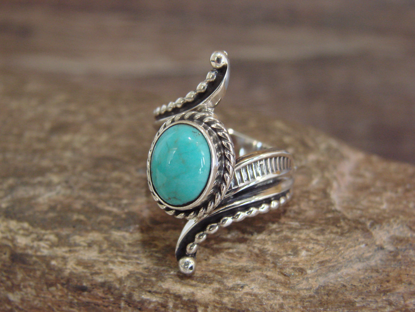 Native American Sterling Silver & Turquoise Ring Signed Yazzie - Size 5.5