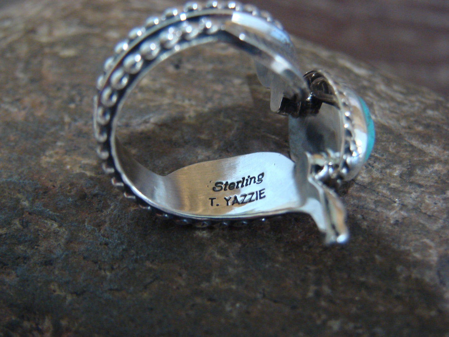 Native American Sterling Silver & Turquoise Ring Signed Yazzie - Size 5.5