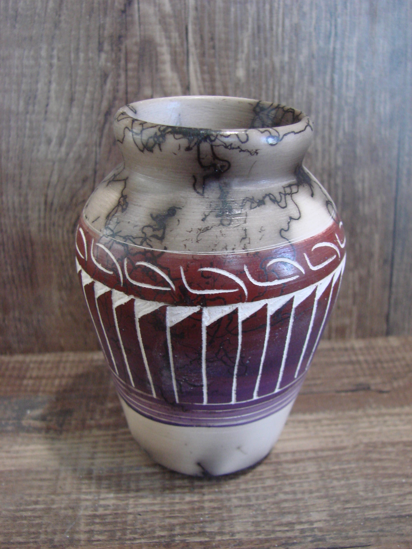 Small Native American Hand Etched Horse Hair Pottery - Benally