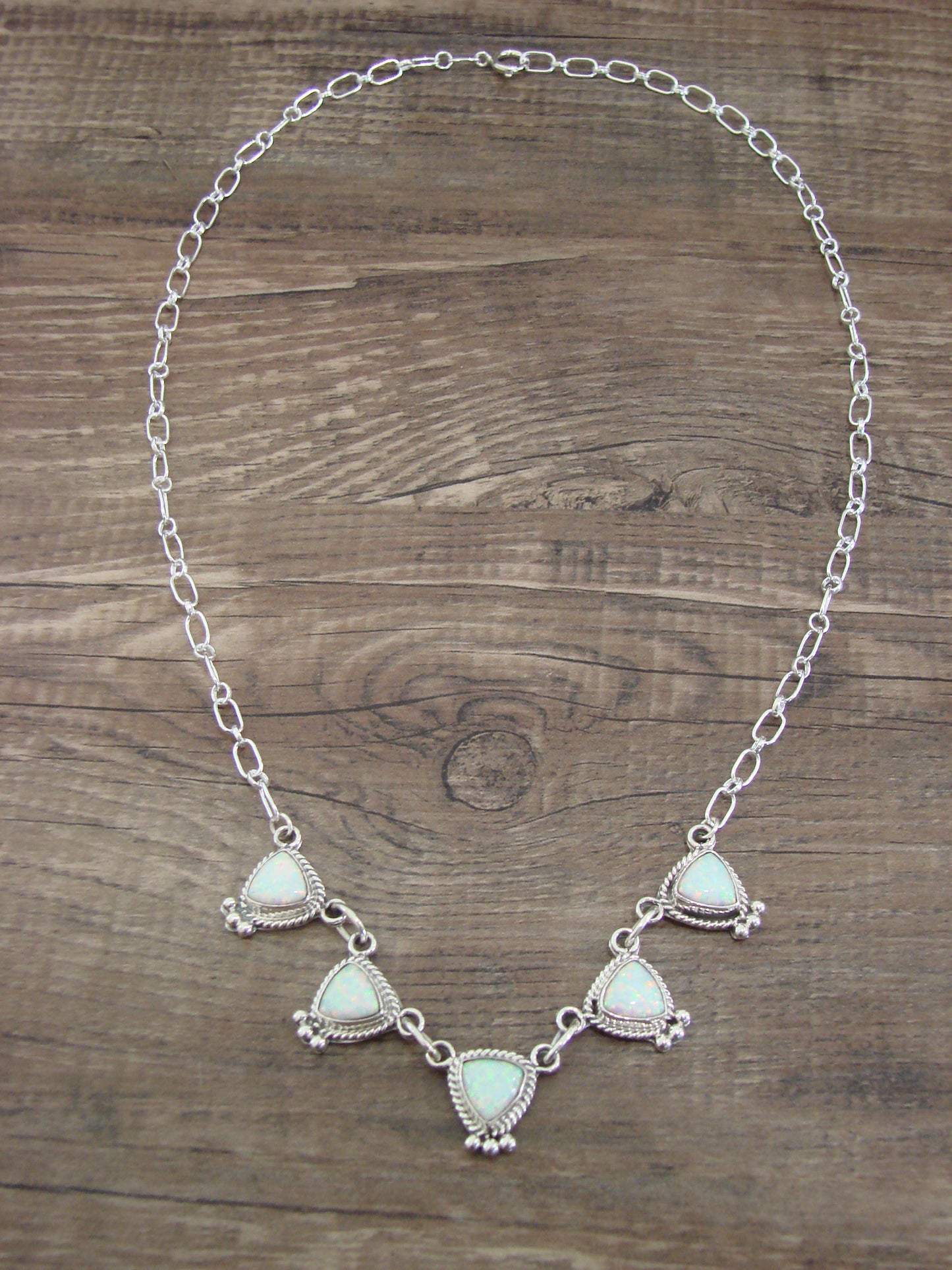 Native American Sterling Silver & White Opal Link Necklace -Betone