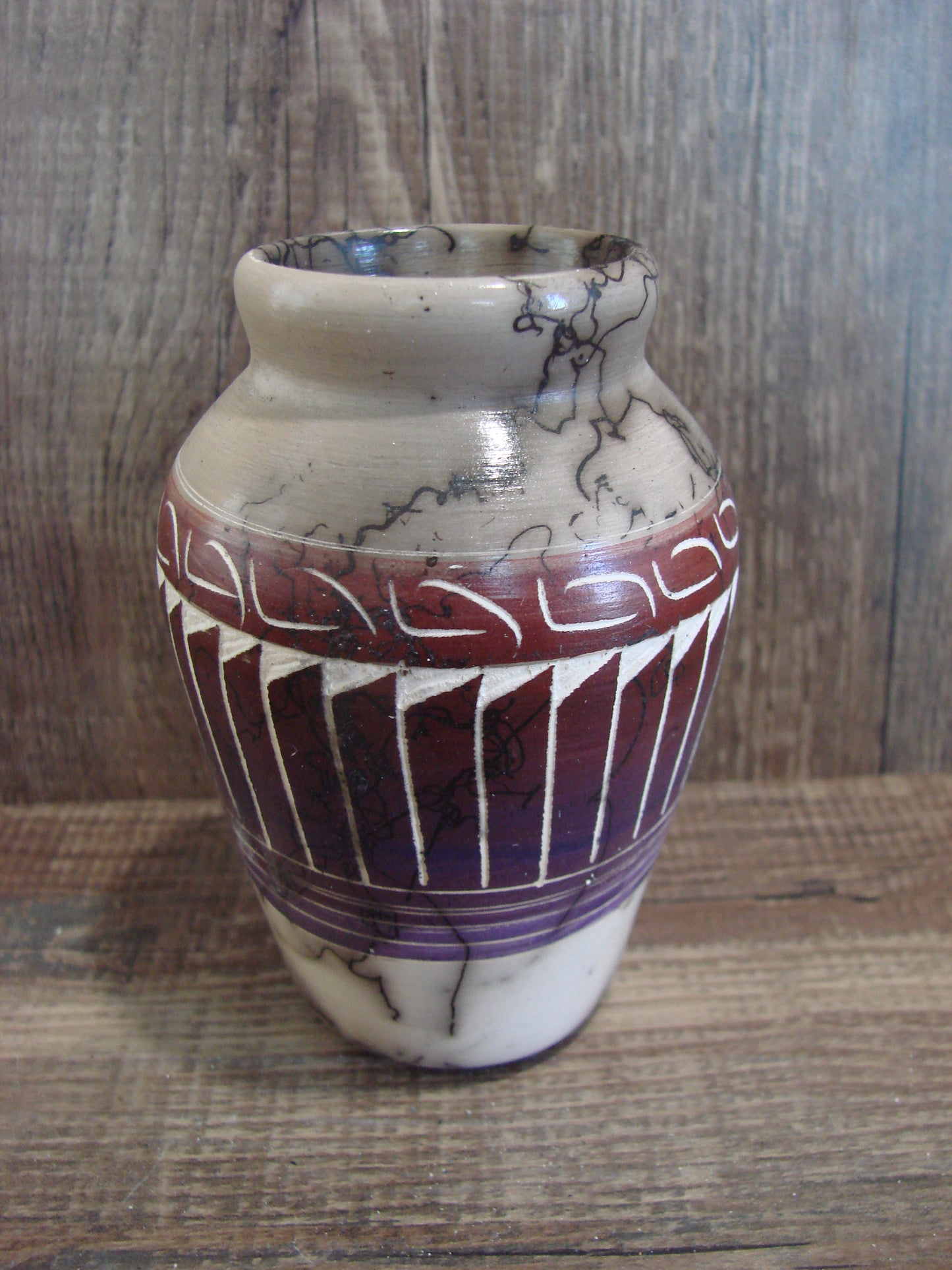 Small Native American Hand Etched Horse Hair Pottery - Benally