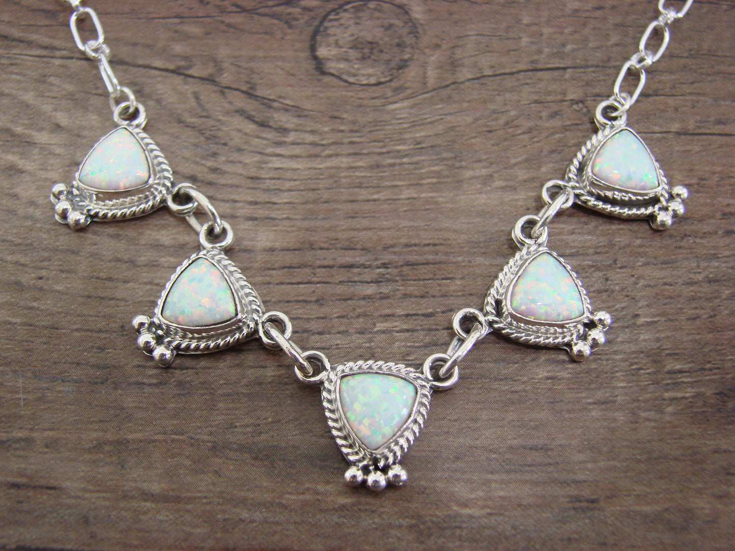 Native American Sterling Silver & White Opal Link Necklace -Betone