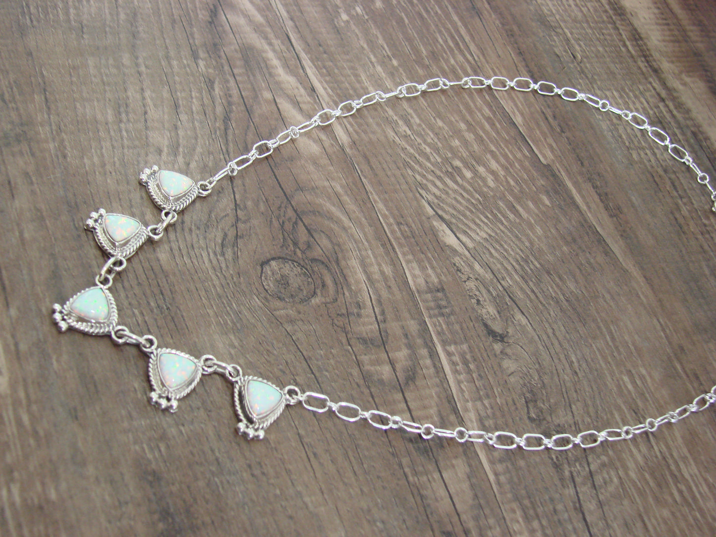 Native American Sterling Silver & White Opal Link Necklace -Betone