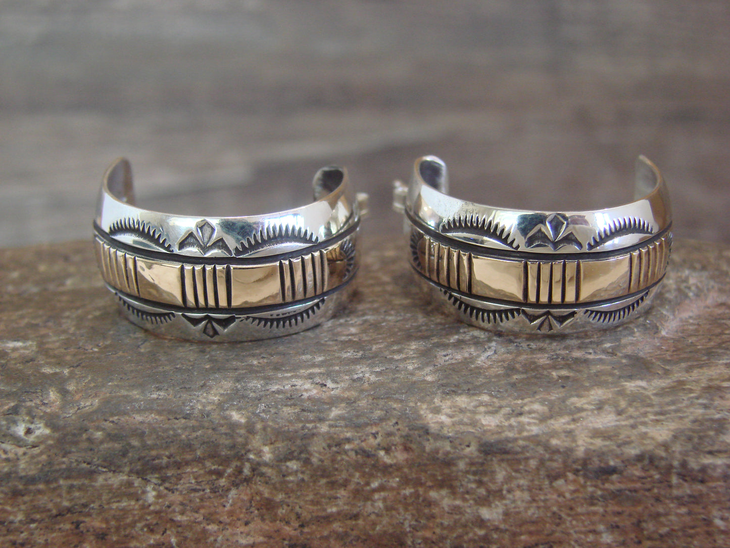 Navajo Sterling Silver & 14K Gold Half Hoop Earrings Signed Bruce Morgan