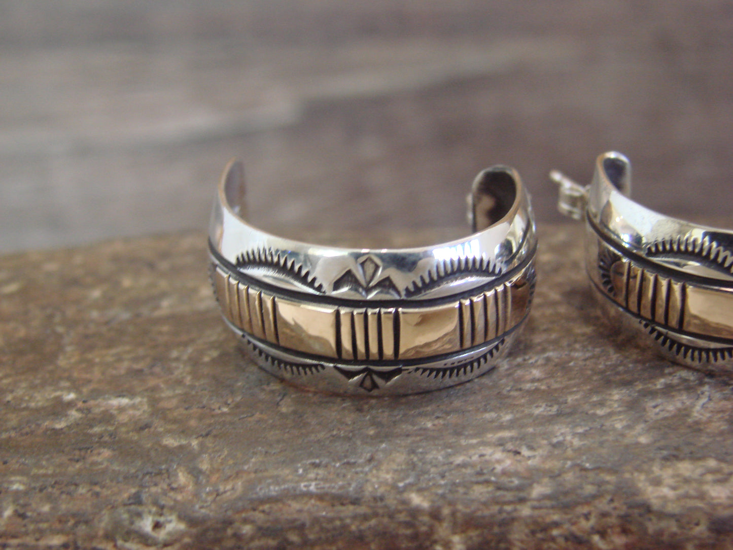 Navajo Sterling Silver & 14K Gold Half Hoop Earrings Signed Bruce Morgan
