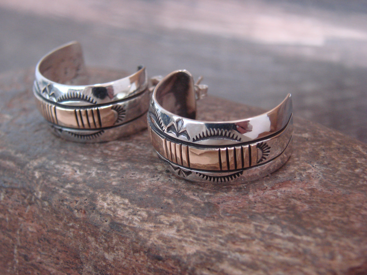 Navajo Sterling Silver & 14K Gold Half Hoop Earrings Signed Bruce Morgan
