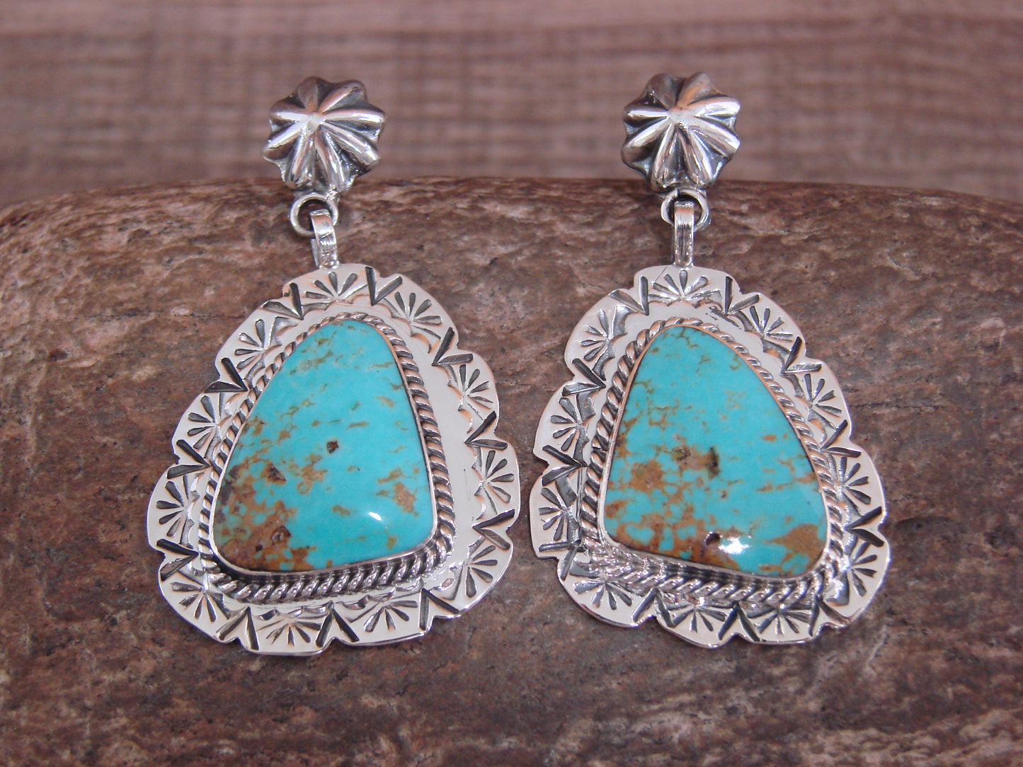 Native American Sterling Silver & Turquoise Post Dangle Earrings - Smith