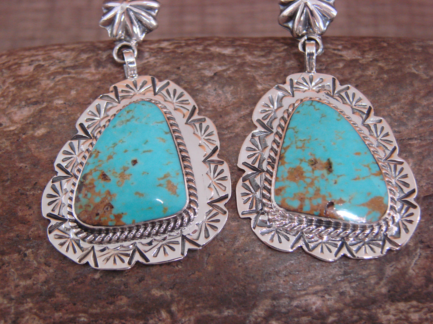 Native American Sterling Silver & Turquoise Post Dangle Earrings - Smith