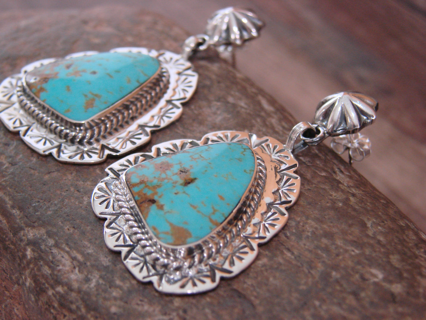 Native American Sterling Silver & Turquoise Post Dangle Earrings - Smith