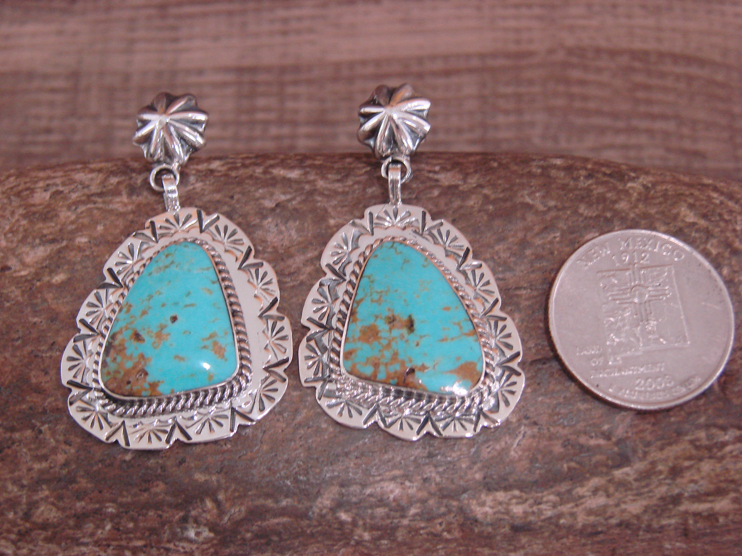 Native American Sterling Silver & Turquoise Post Dangle Earrings - Smith