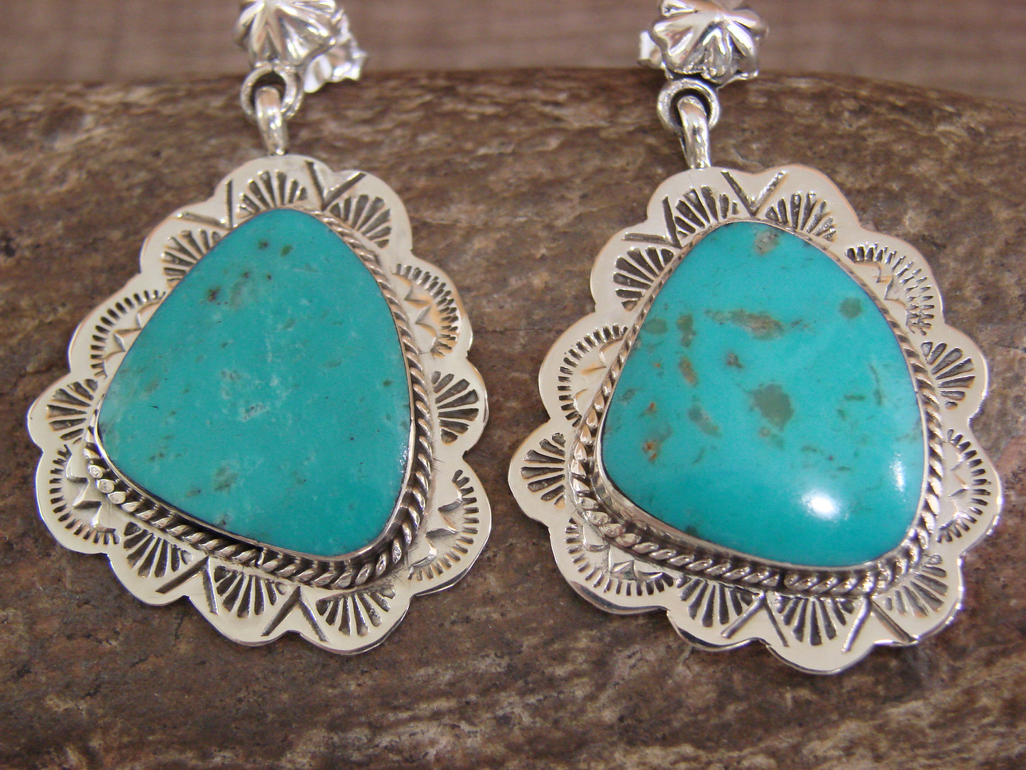 Native American Sterling Silver & Turquoise Post Dangle Earrings - Smith